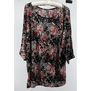Womens 2X Floral Tunic Top Black Red Boho Stretch Blouse 3/4 Sleeve Casual Flowy